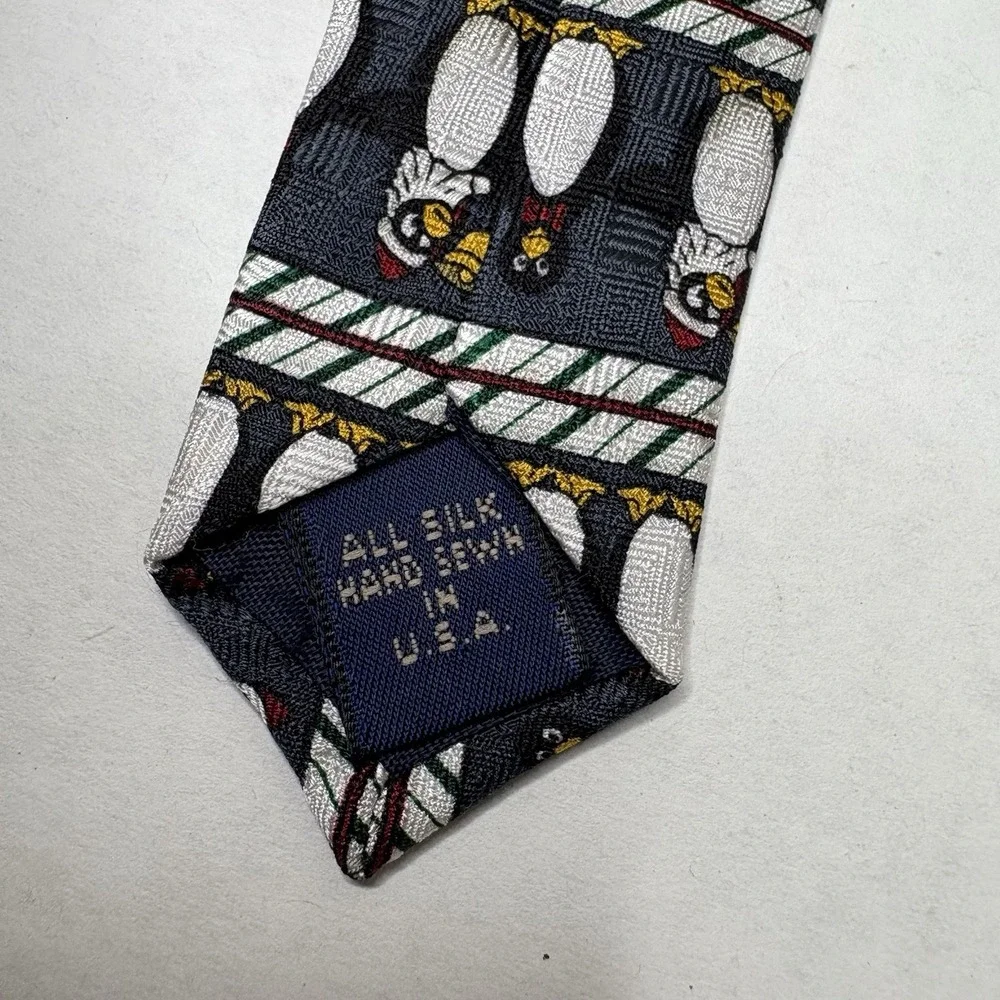Amherst and Brock 100%‎ Silk Christmas Penguin Santa Neck Tie Vintage Xmas Bell